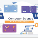 Featured illustration for the blog BCA vs BSc Computer Science – What Should You Choose showing practical coding vs theoretical computer science concepts.