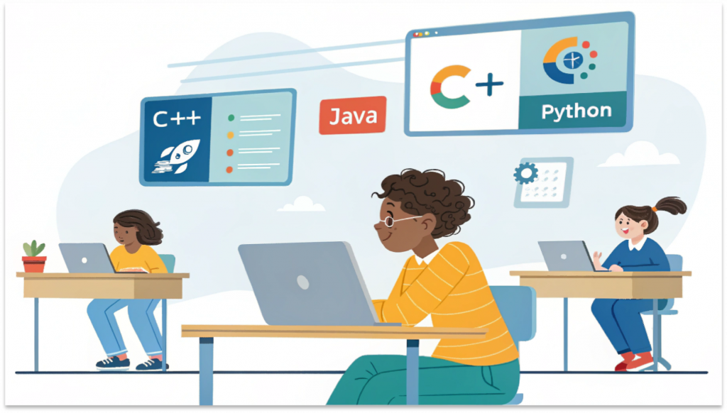 Student learning coding and software development during BCA course, with programming languages, web development, and cloud icons in the background.