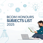 Featured image showing a commerce student with books and business icons representing the bcom honours subjects list for 2025.