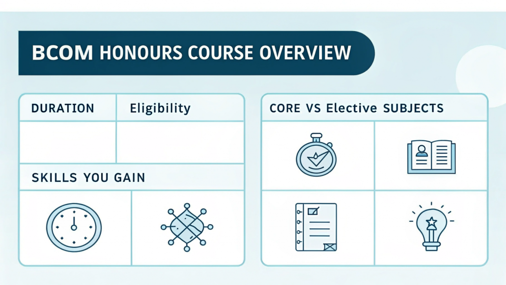 Infographic explaining the bcom honours subjects list along with the course overview, duration, eligibility, core and elective subjects and key skills students gain.