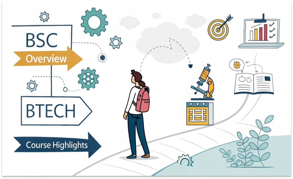 Which is better BSc or BTech – illustration showing BSc course overview with science elements like lab tools, physics formulas, and data charts.