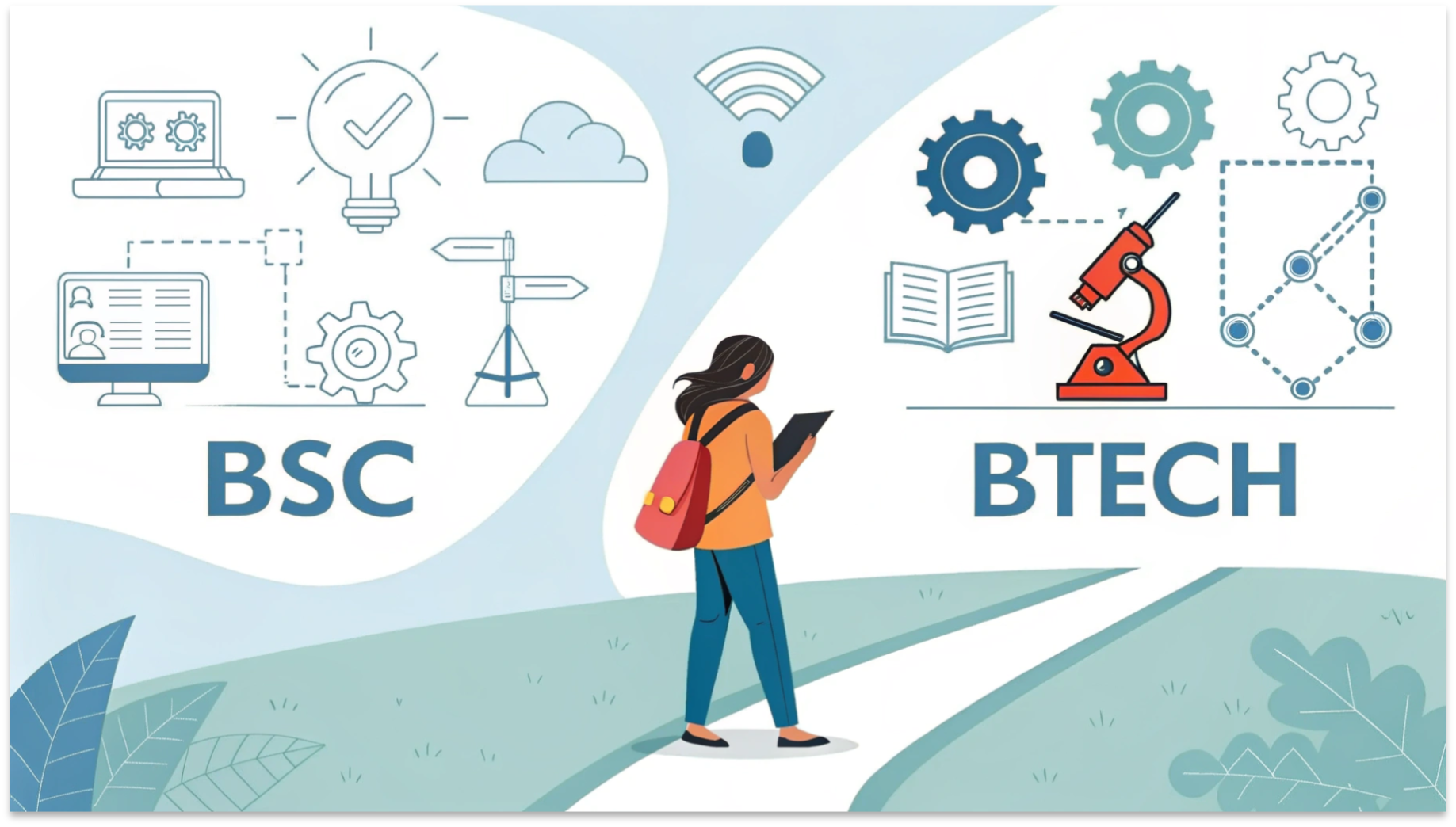 Which is better BSc or BTech featured image showing a student choosing between science-based BSc path and technology-focused BTech path.