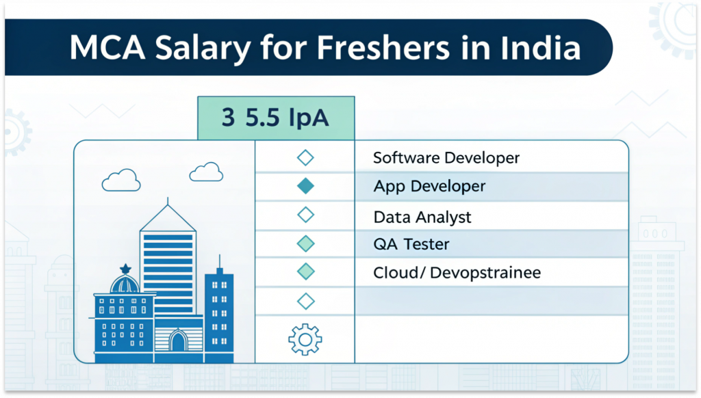 MCA salary in India infographic showing fresher salary ranges, job roles, and city-wise salary comparison.