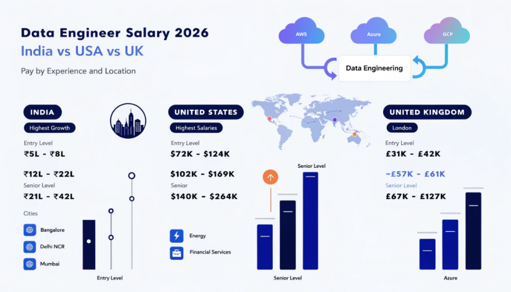 data engineer salary 2026 infographic comparing India USA and UK with entry level mid level and senior salary ranges across global technology markets