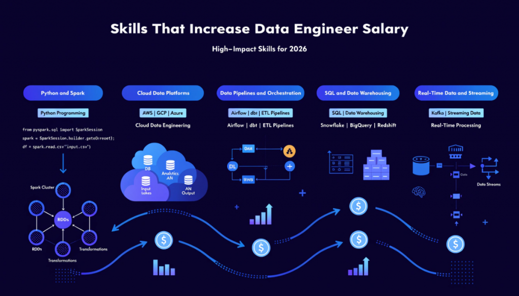 data engineer skills infographic showing Python Spark cloud platforms SQL data pipelines and real time streaming technologies that increase data engineer salary in 2026