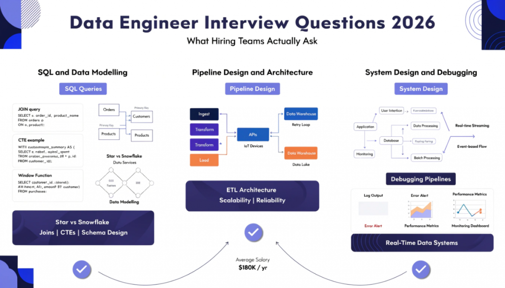 data engineer interview questions infographic showing SQL data modelling pipeline design system architecture and debugging topics asked in 2026 interviews