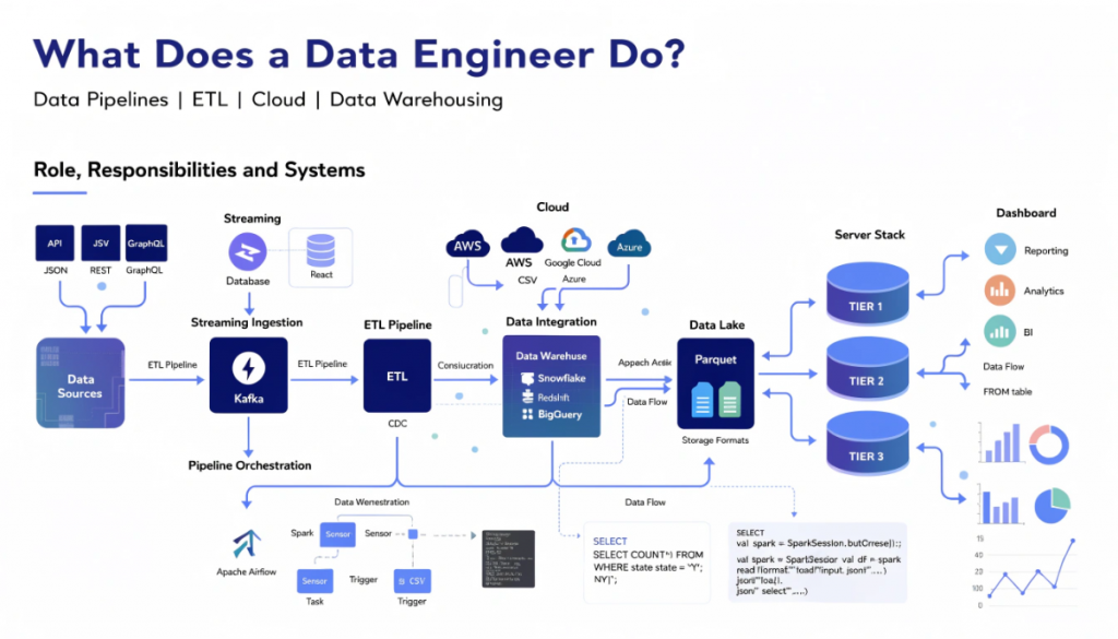 data engineer roles and responsibilities infographic showing data pipelines ETL processes cloud platforms and data warehousing systems used by data engineers in modern organisations