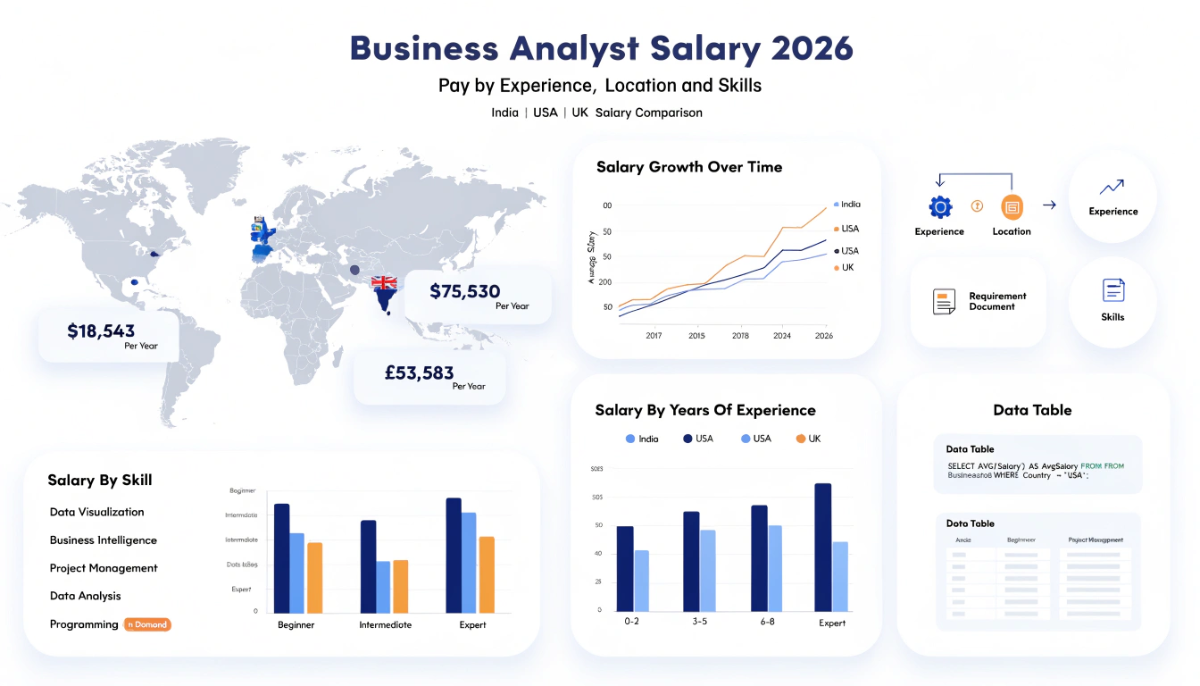 Business analyst salary 2026 infographic showing salary comparison across India USA and UK with data analytics dashboards process diagrams and skills impacting business analyst salary growth