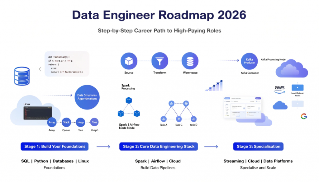 data engineer roadmap 2026 infographic showing step by step career path from SQL and Python fundamentals to data pipelines cloud platforms and specialisation in streaming and data engineering tools