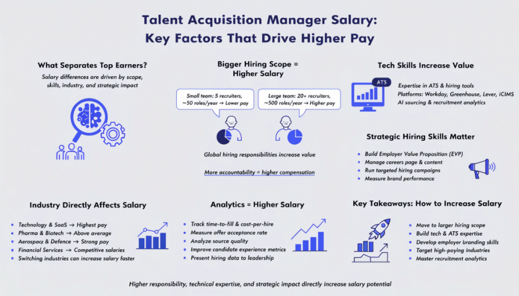 Infographic showing key factors influencing talent acquisition manager salary, including hiring scope, team size, technology expertise, employer branding, industry sector, and data-driven recruitment metrics.