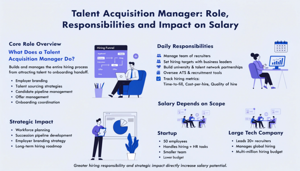 Infographic explaining talent acquisition manager role, including responsibilities, daily tasks, strategic impact, and how company size and hiring scope influence salary differences.