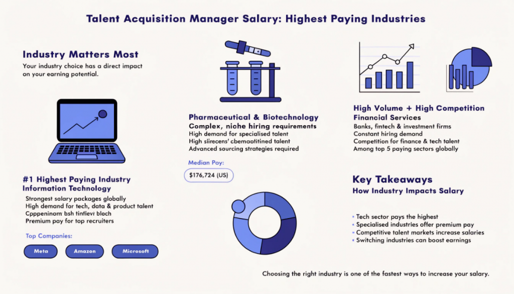 Infographic showing the highest paying industries for talent acquisition manager salary, including Information Technology, Pharmaceutical and Biotechnology, and Financial Services, with key salary insights and trends.