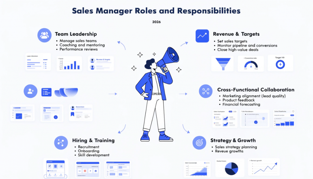 sales manager roles and responsibilities infographic showing team leadership revenue targets hiring and cross functional collaboration in modern sales management