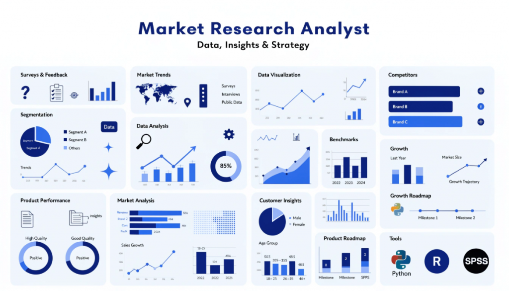 market research analyst infographic showing data analysis surveys consumer insights and market trends