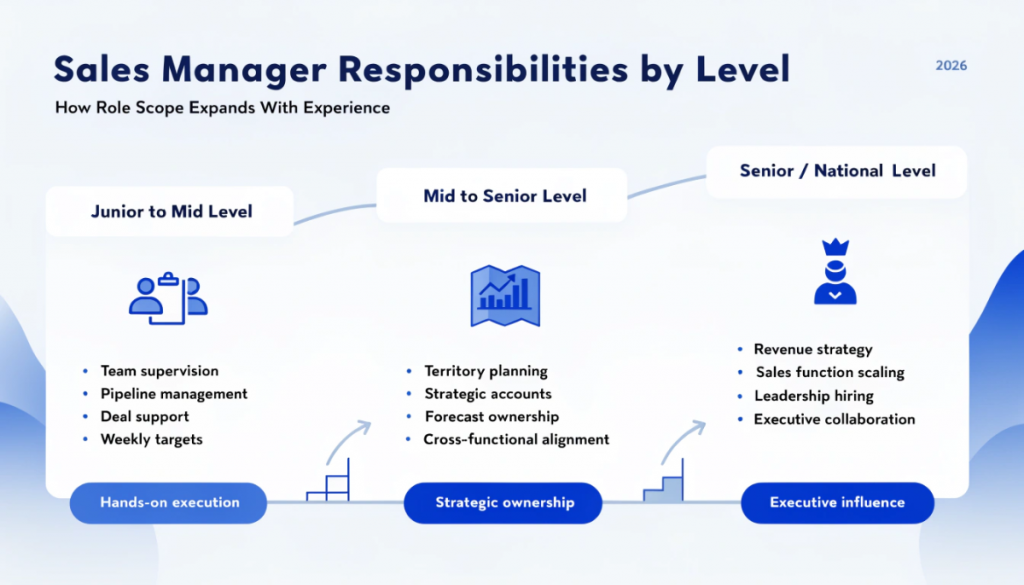 sales manager responsibilities by seniority infographic showing junior mid and senior level roles with increasing scope leadership and salary growth