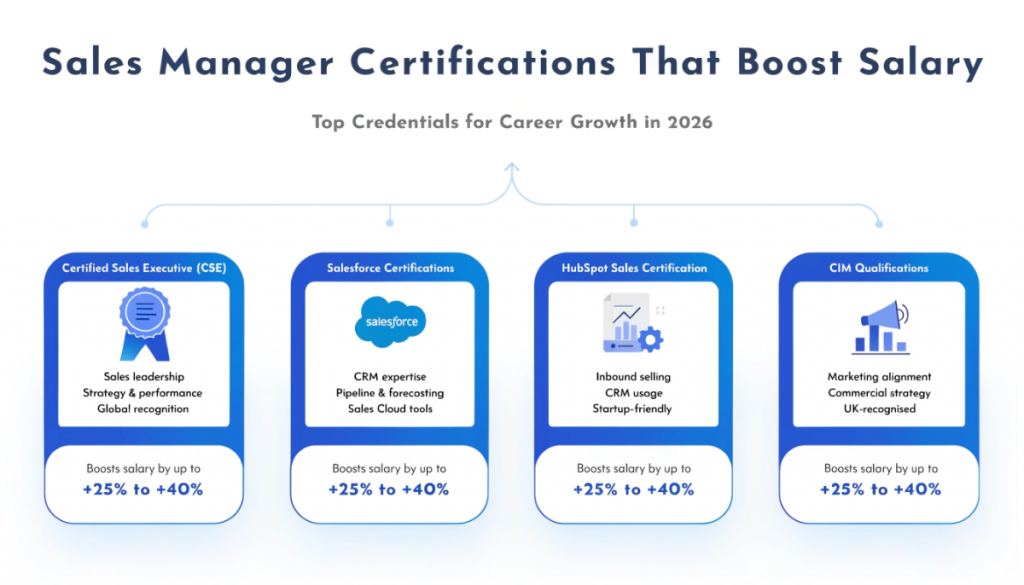 sales manager certifications infographic showing CSE Salesforce HubSpot and CIM certifications that increase salary and career growth in 2026