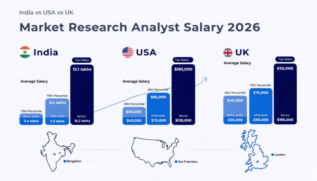 market research analyst salary 2026 infographic comparing india usa and uk with salary ranges and career levels
