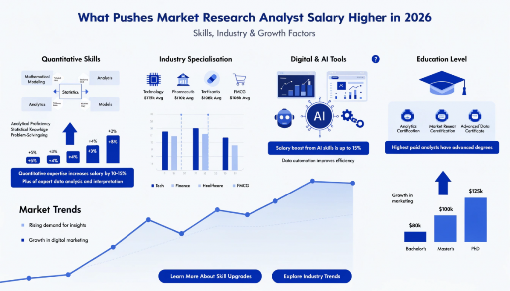 market research analyst salary factors infographic showing skills industry digital tools and education impact on pay
