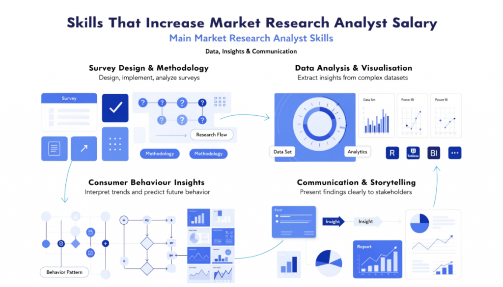 market research analyst skills infographic showing survey design data analysis consumer insights and data storytelling
