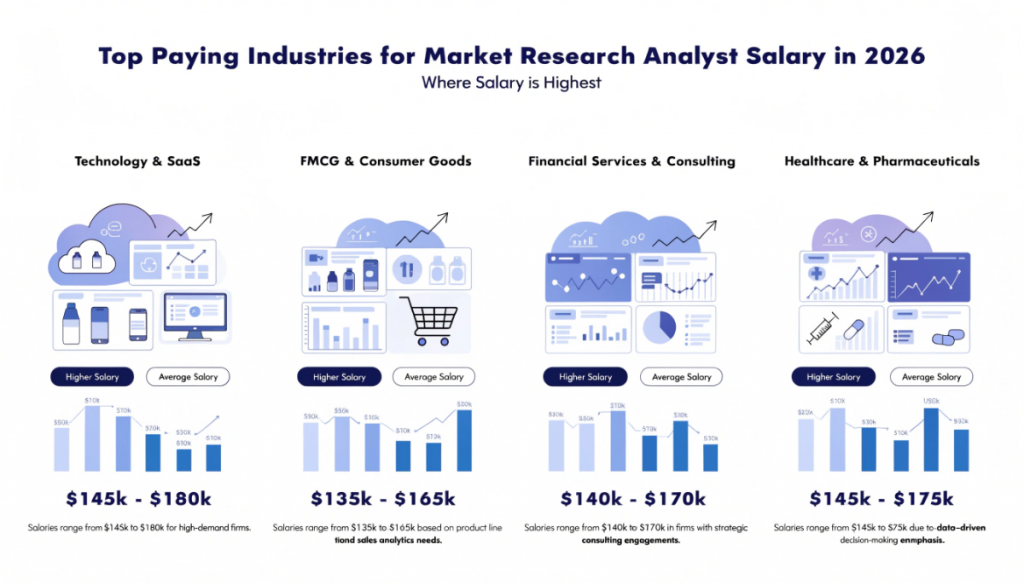 market research analyst salary by industry infographic showing technology fmcg finance and healthcare sectors