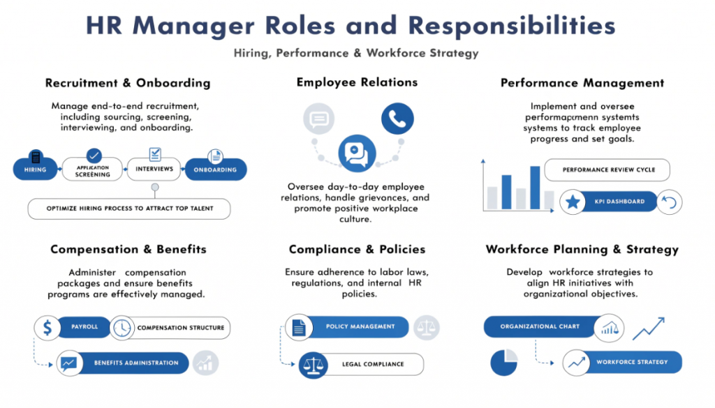 hr manager roles and responsibilities infographic showing recruitment employee relations performance management compliance and workforce planning functions