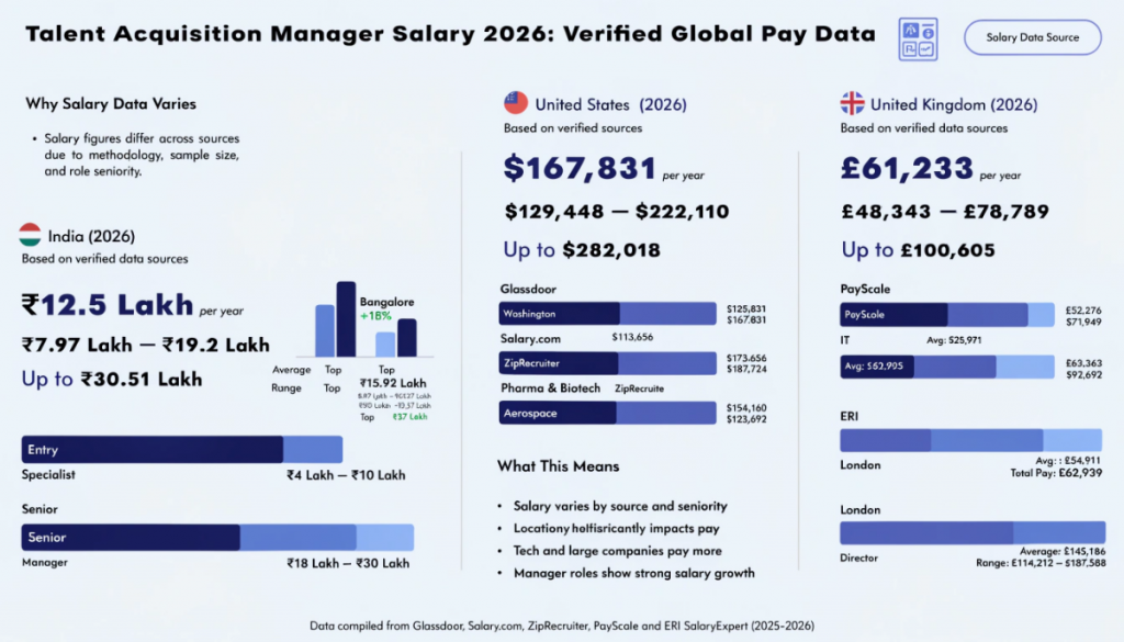 Infographic showing talent acquisition manager salary data for 2026 across India, the United States, and the United Kingdom, including average pay, salary ranges, top earnings, and location-based differences.