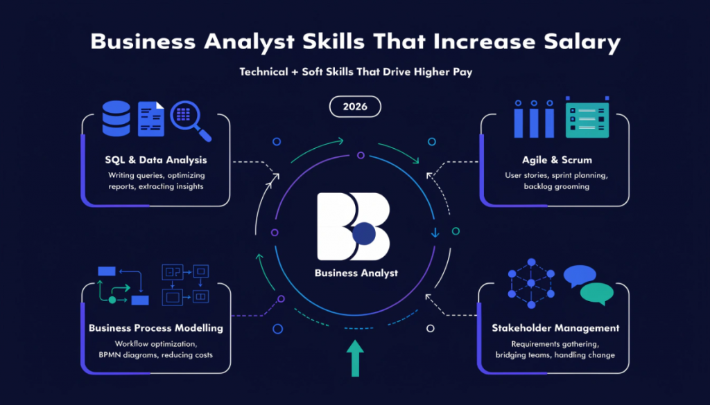 Business analyst skills infographic showing SQL data analysis agile scrum process modelling and stakeholder management driving higher salary growth in 2026