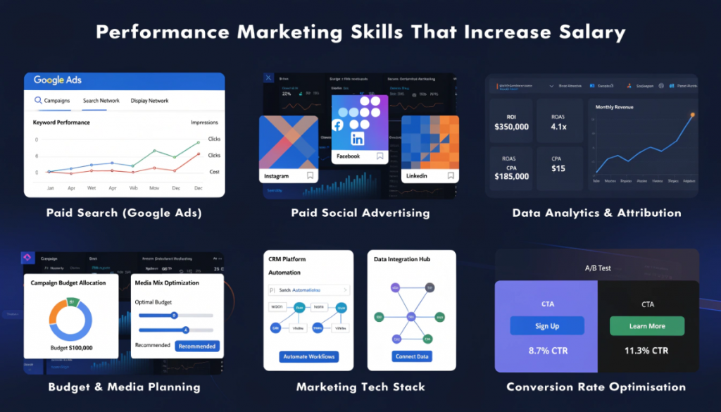 key skills required for performance marketing manager with Google Ads analytics and ROI tracking