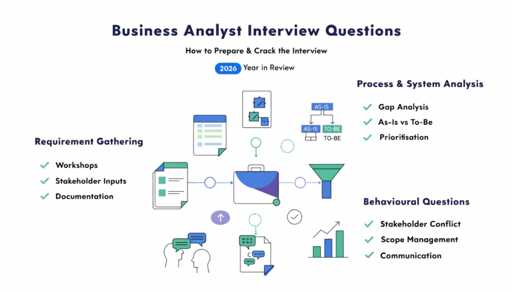Business analyst interview questions infographic showing requirement gathering process analysis and behavioural questions with preparation tips and career growth focus