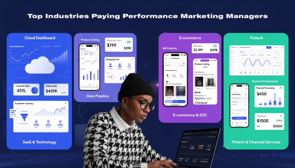 top industries for performance marketing manager salary including SaaS ecommerce and fintech