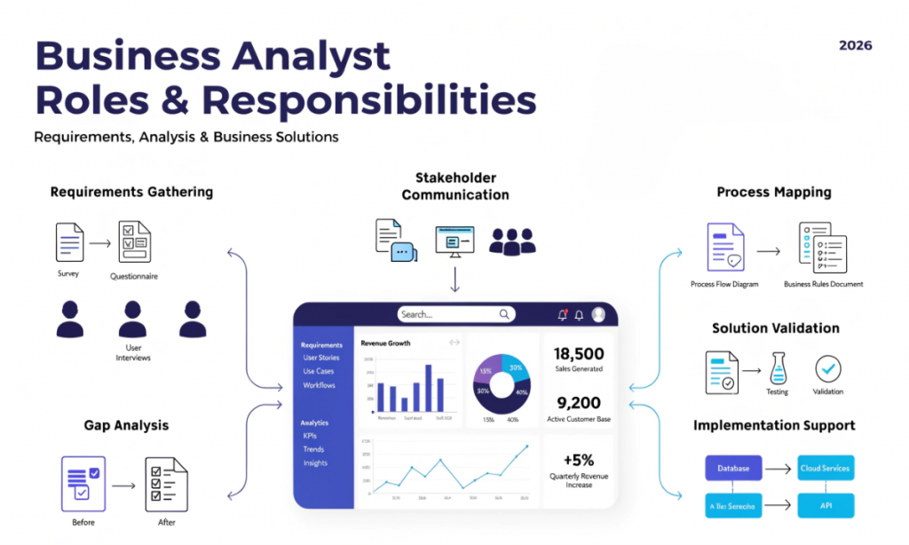 Business analyst roles and responsibilities infographic showing requirements gathering, gap analysis, process mapping, stakeholder communication and solution validation in a modern workflow diagram
