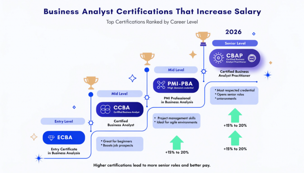 Business analyst certifications infographic showing ECBA CCBA CBAP PMI-PBA and AAC with career levels and salary growth impact in 2026