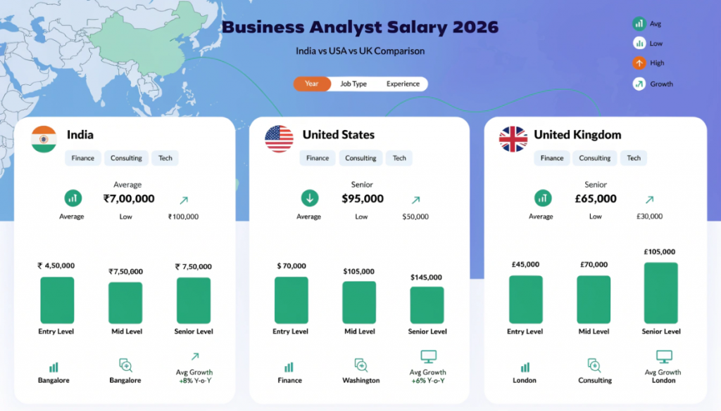 Business analyst salary 2026 comparison infographic showing India, USA and UK salary ranges with entry level, mid level and senior pay data and global trends