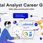 Digital Analyst career guide showing analytics dashboards, marketing data insights and career growth in digital analytics.