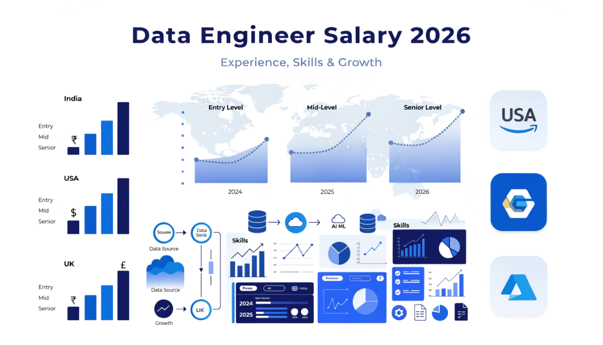data engineer salary 2026 infographic showing global salary comparison experience levels data pipelines and cloud technologies