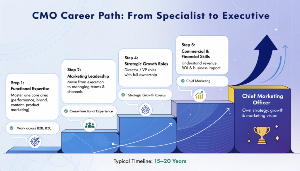 Chief Marketing Officer career path infographic showing progression from marketing specialist to leadership roles with skills experience and timeline to become CMO