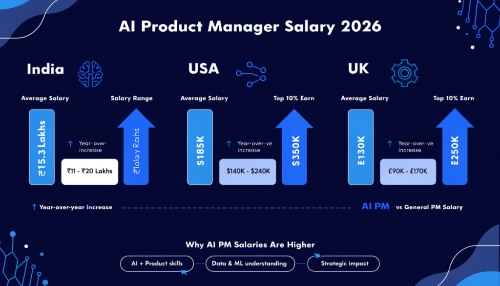 AI product manager salary 2026 infographic comparing India USA and UK with average pay salary ranges top earnings and AI specialisation premium over general product management roles