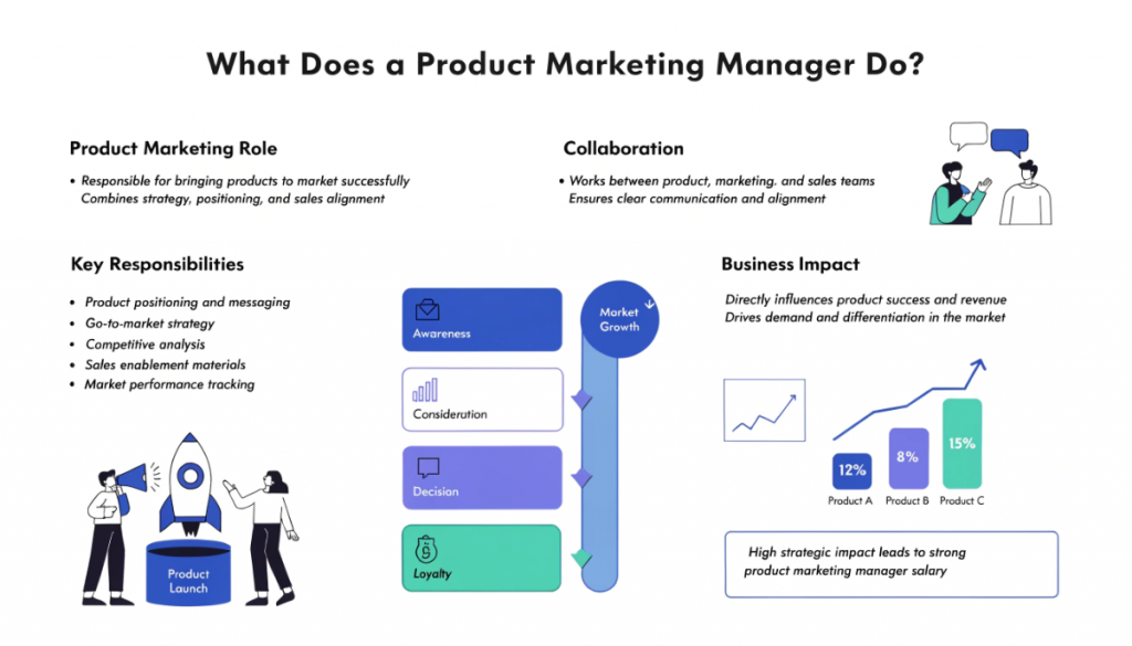 Product marketing manager responsibilities including go to market strategy positioning and sales enablement.