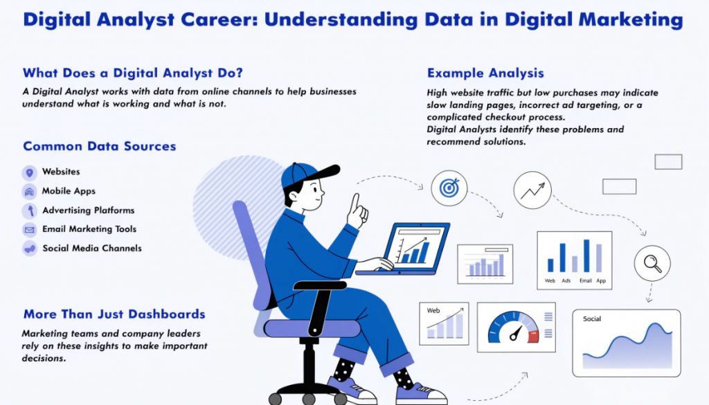 Digital Analyst career overview showing how analysts use marketing data to identify problems and improve business decisions