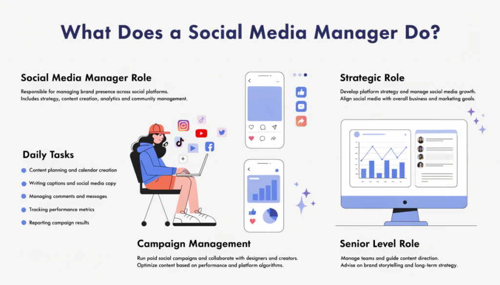 Social Media Manager responsibilities including content creation, analytics, community management and strategy