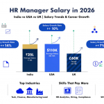 HR manager salary 2026 featured infographic showing India USA UK comparison with salary trends experience impact top industries skills and certifications