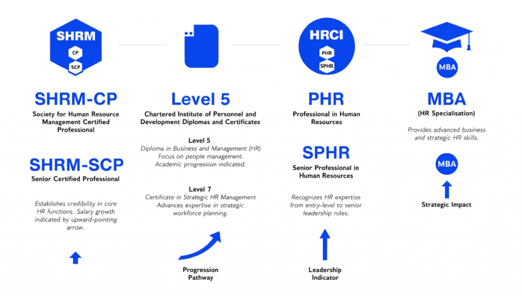 HR certifications infographic showing SHRM, CIPD, HRCI and MBA qualifications and their impact on HR manager salary growth in 2026