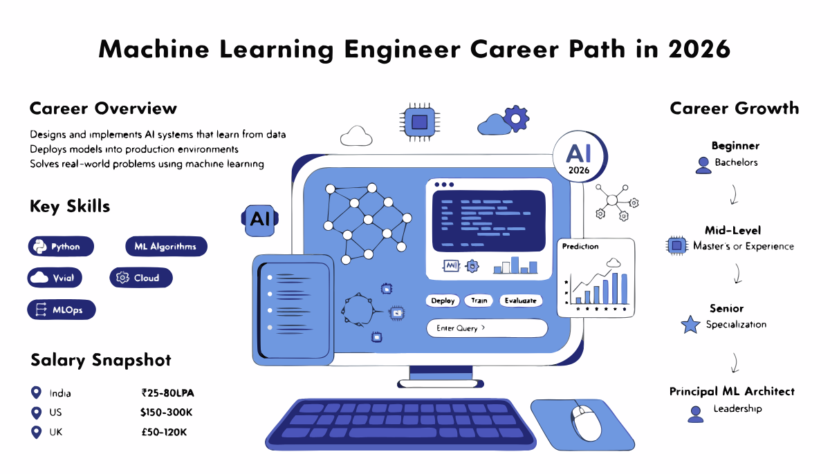 infographic showing machine learning engineer career in 2026 with AI dashboard, salary overview, skills and career progression roadmap.