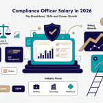compliance officer salary in 2026 with icons for regulation, auditing, risk management, certifications and career growth across industries.
