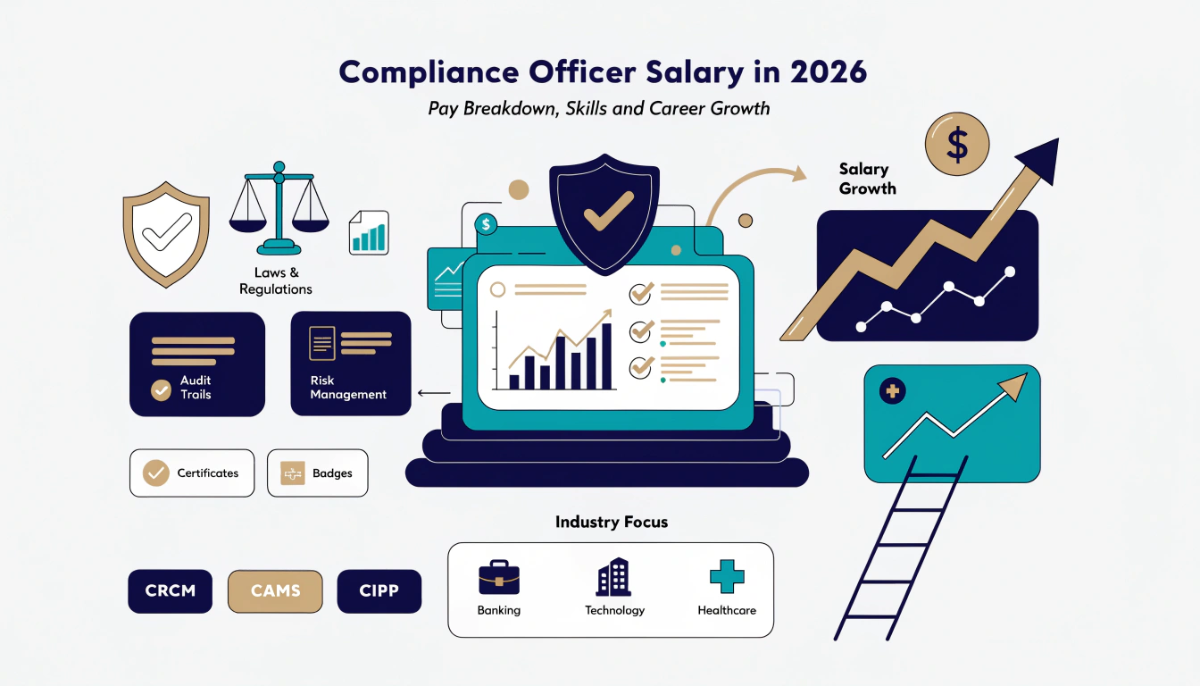 compliance officer salary in 2026 with icons for regulation, auditing, risk management, certifications and career growth across industries.