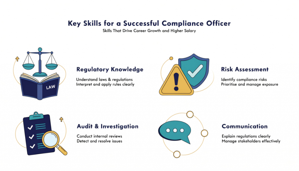 key compliance officer skills including regulatory knowledge, risk assessment, auditing and communication required for career growth and higher salary.