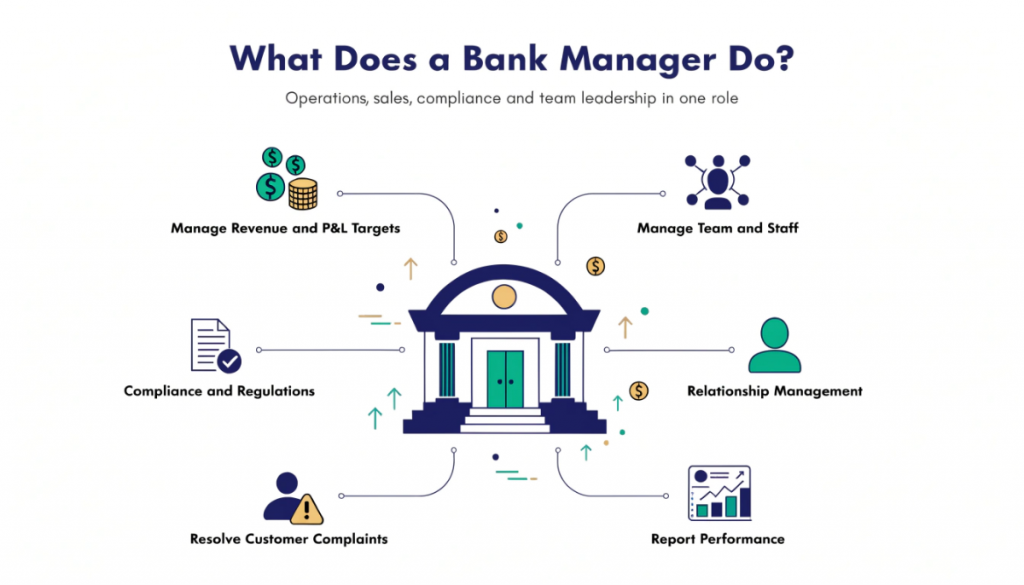 bank manager responsibilities including branch operations, sales targets, compliance, team management, customer relationships and profitability oversight.