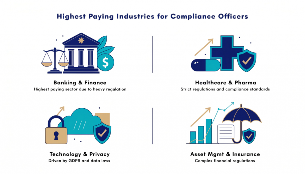 highest paying industries for compliance officers including banking, healthcare, technology and asset management with icons representing regulation and salary growth.