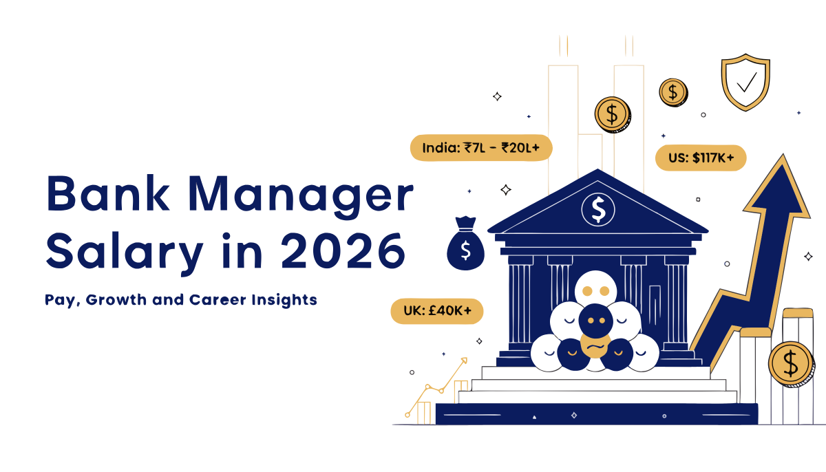 bank manager salary in 2026 with visual elements of banking, growth charts and financial icons representing pay, career growth and global salary trends.