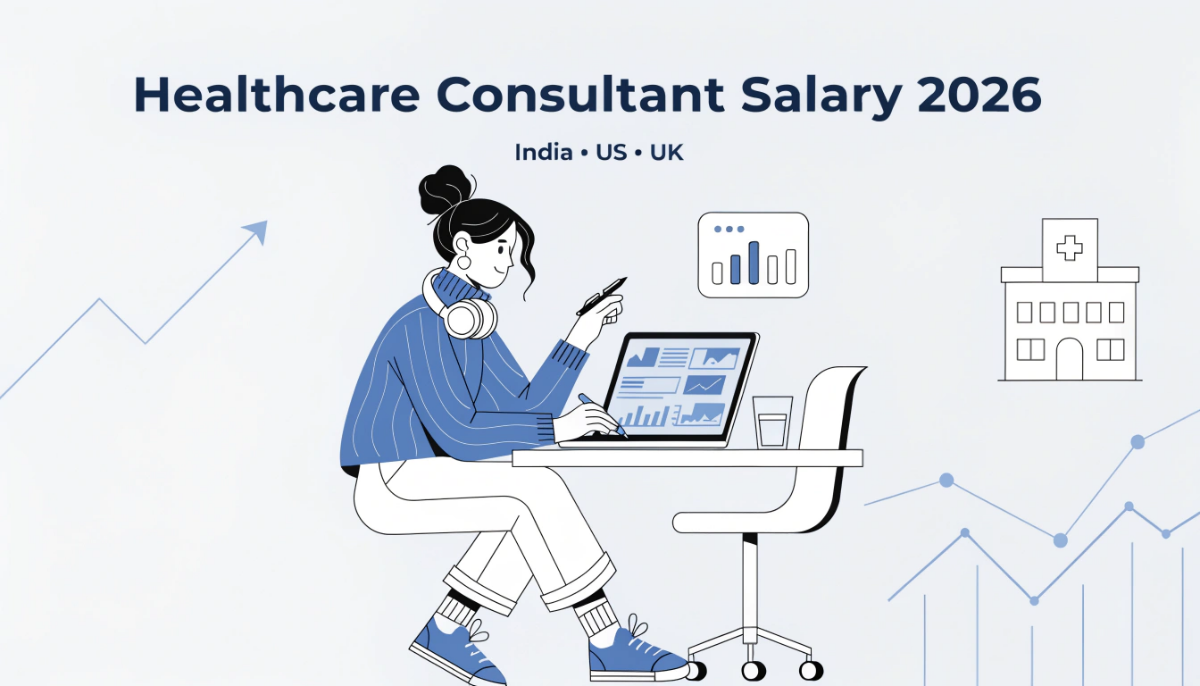Featured image showing healthcare consultant salary concept with financial charts and medical elements in a clean modern design.